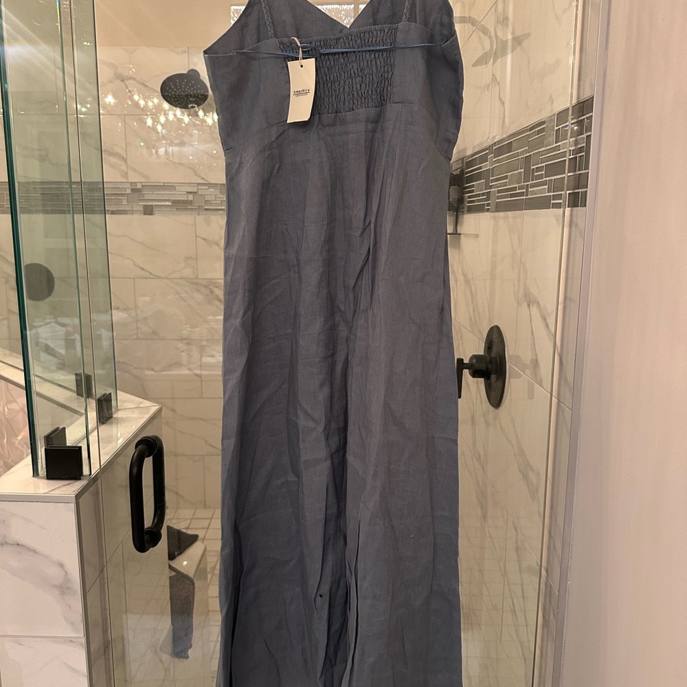 Amazhiyu Pure Linen Maxi Summer Dress Button Down Spaghetti Strap Medium - Picture 3 of 6